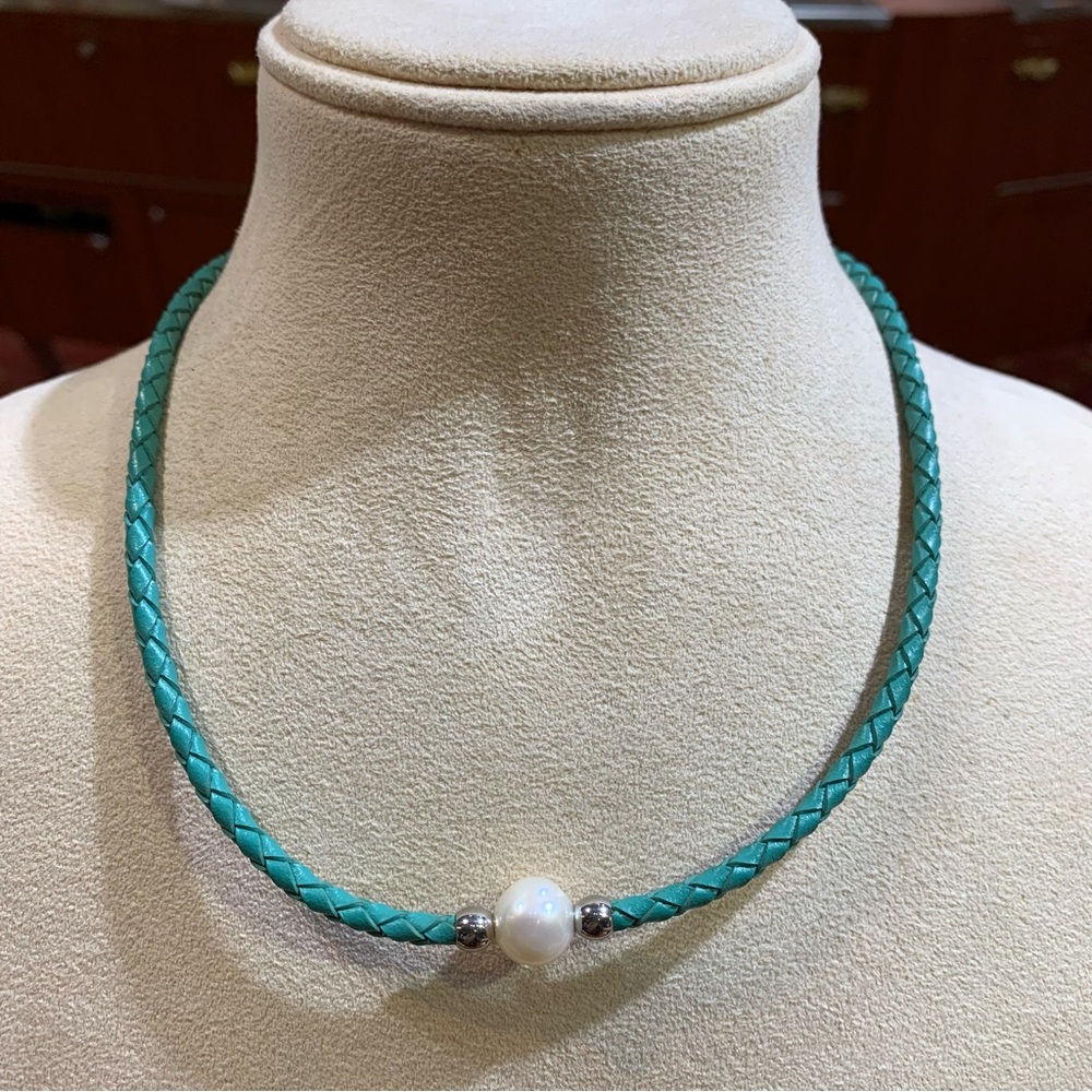 Braided Leather Necklace with Pearl Accent and magnetic closure